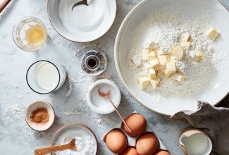 Ingredients on a counter to make Thanksgiving pie crust